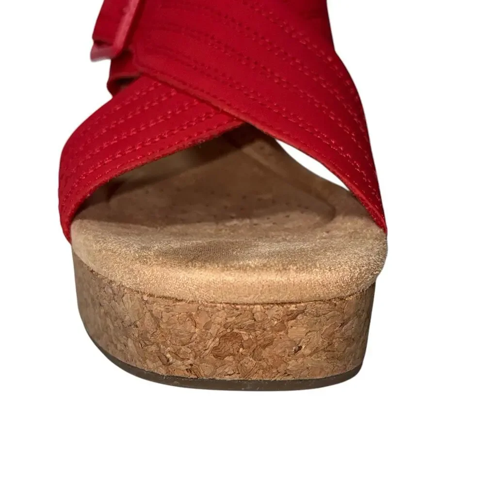 Clarks Collection Nerisa West Buckle Wedge Sandals Cherry Nubuck SZ/12 M